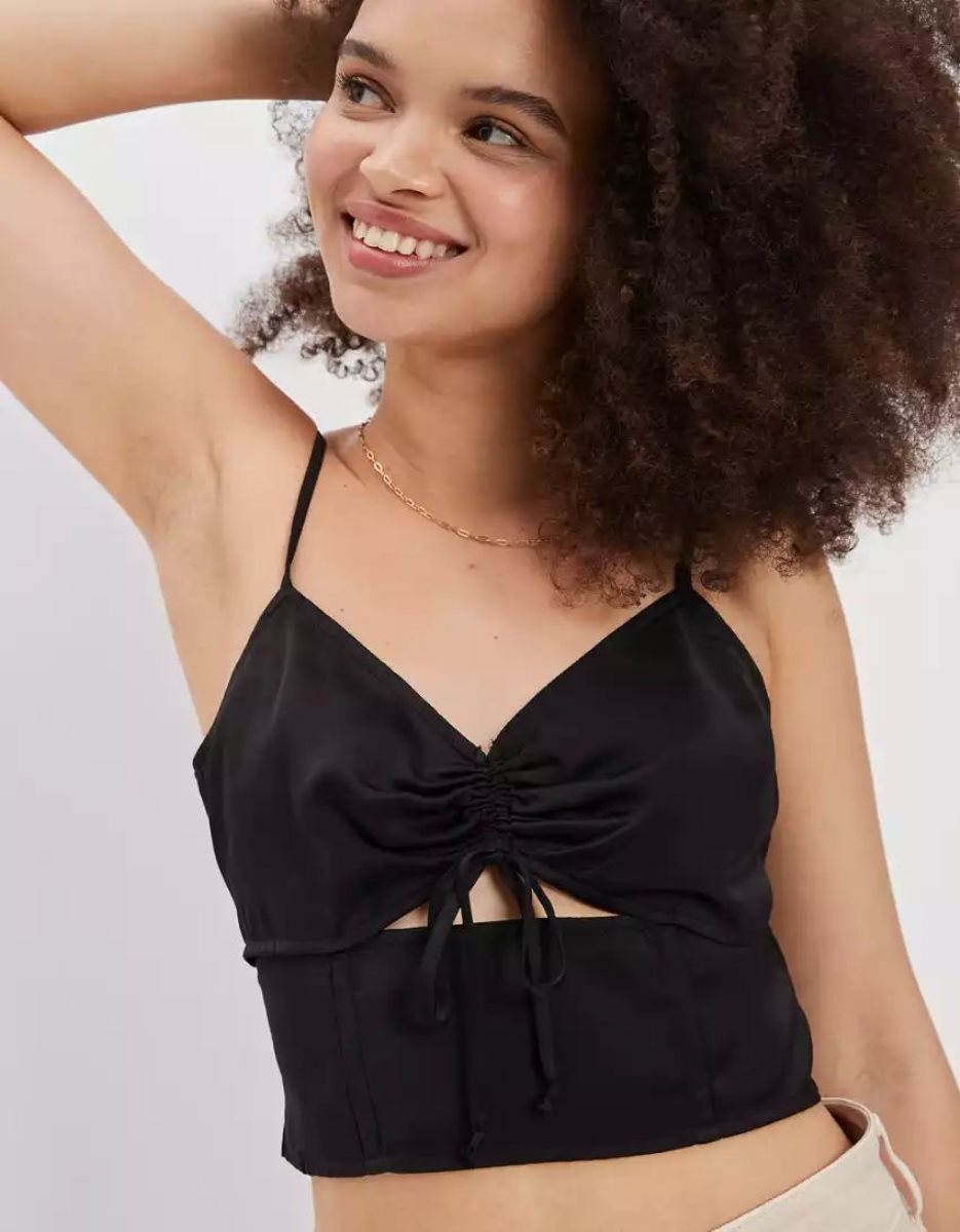 Chemises American Eagle AE Silky Cut-Out Cami Noir Femme | IAE-42360332